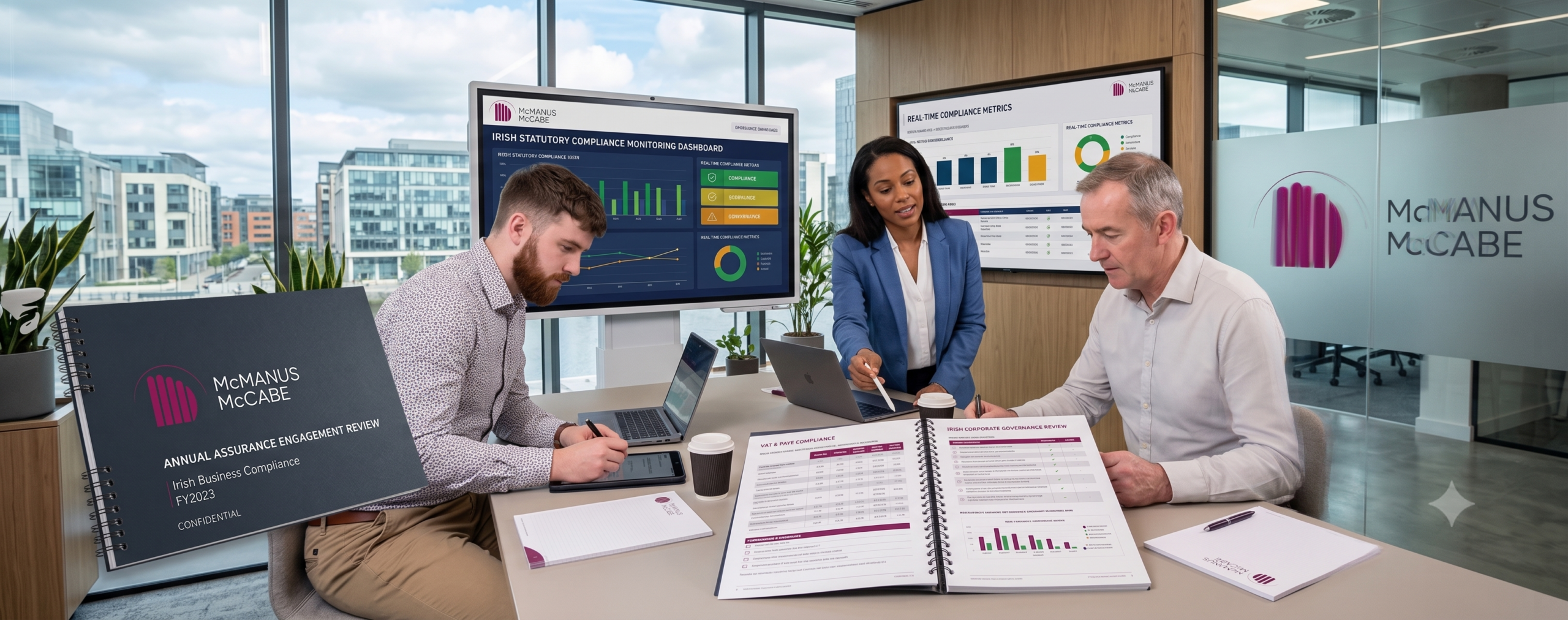 Finance team discussing assurance reports for Irish business compliance.