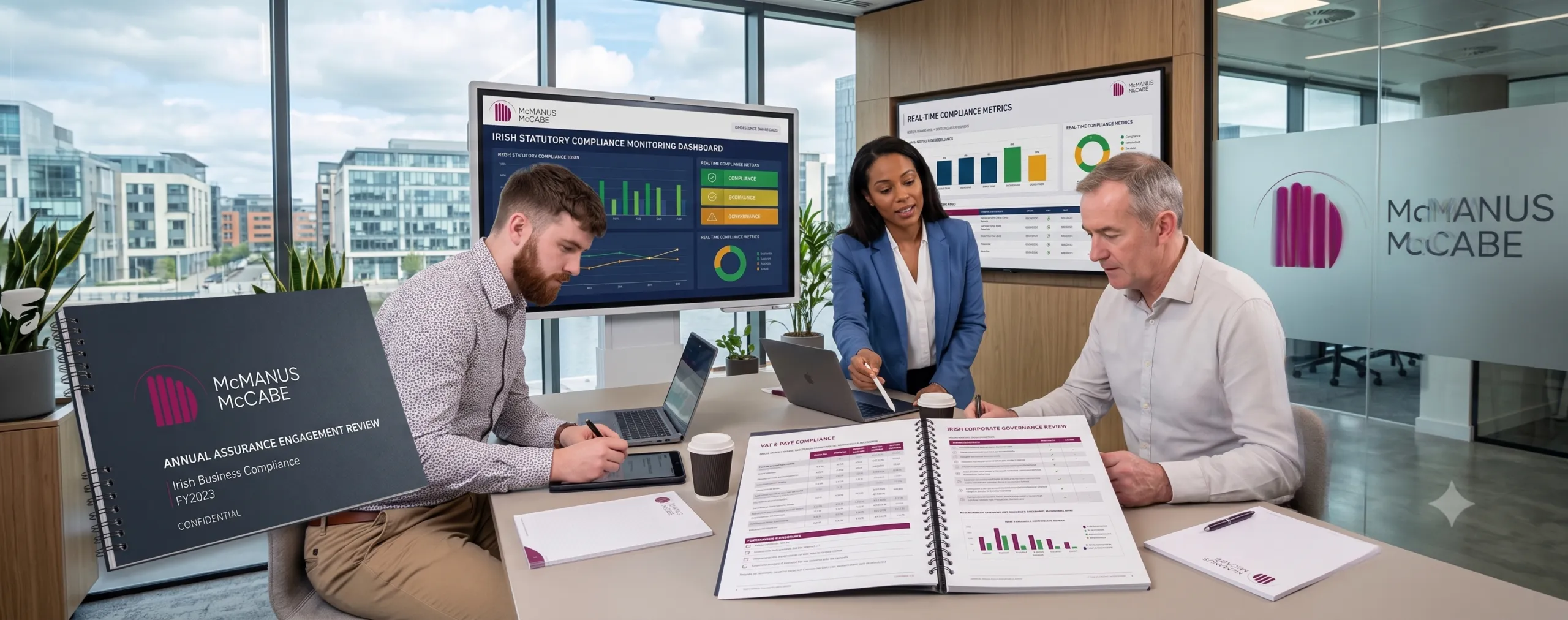 Finance team discussing assurance reports for Irish business compliance.