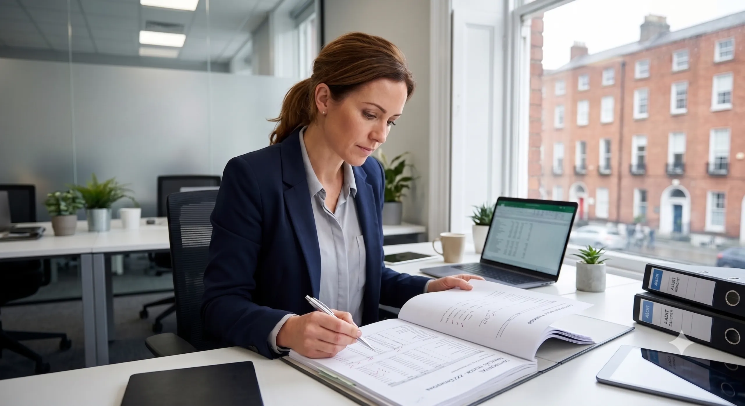 Accountant reviewing business audit documents in Dublin office.