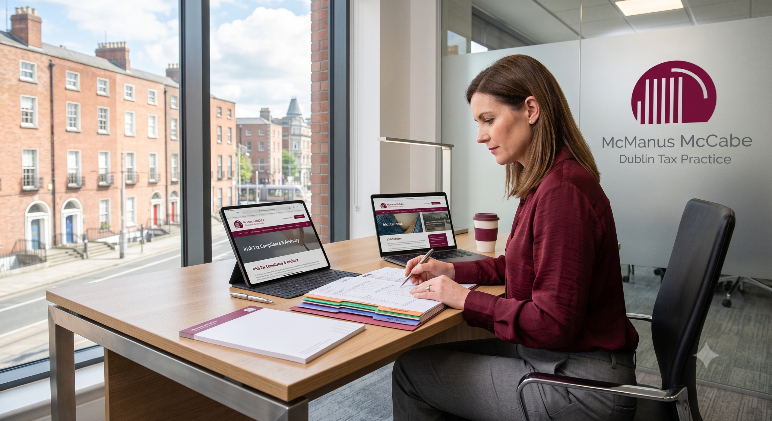 Tax advisor checking compliance records for a Dublin business.
