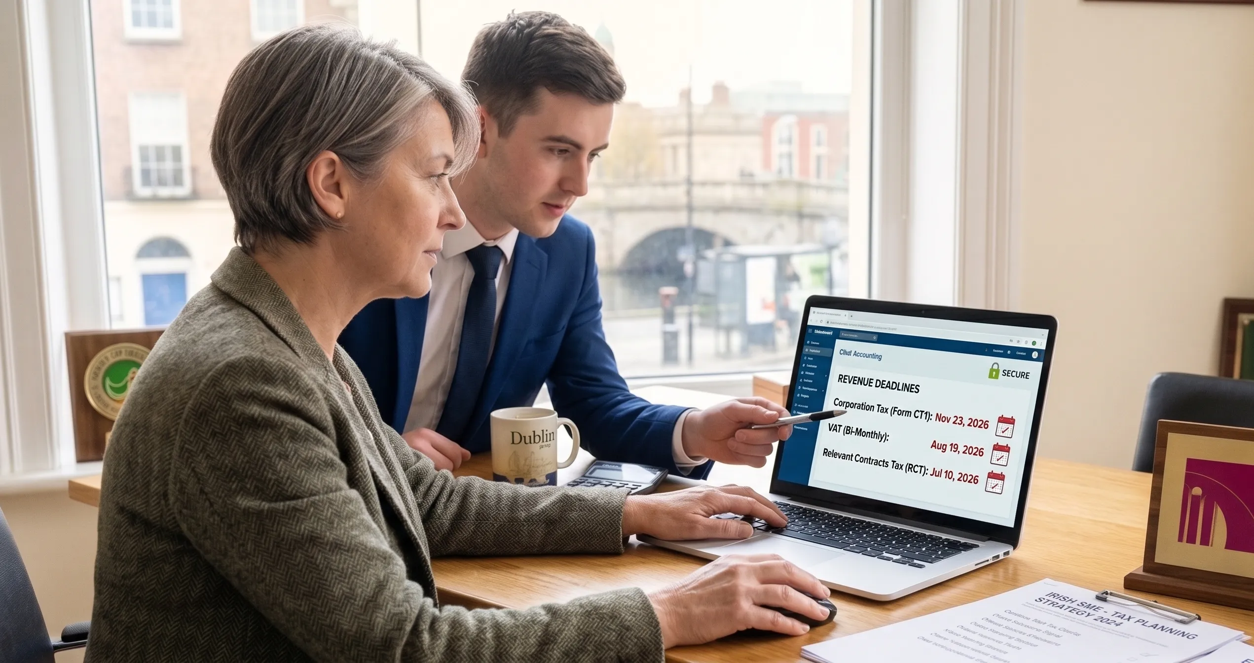 Professional consultants at McManus McCabe Chartered Accountants in Dublin discussing financial compliance and tax planning for an Irish small business.