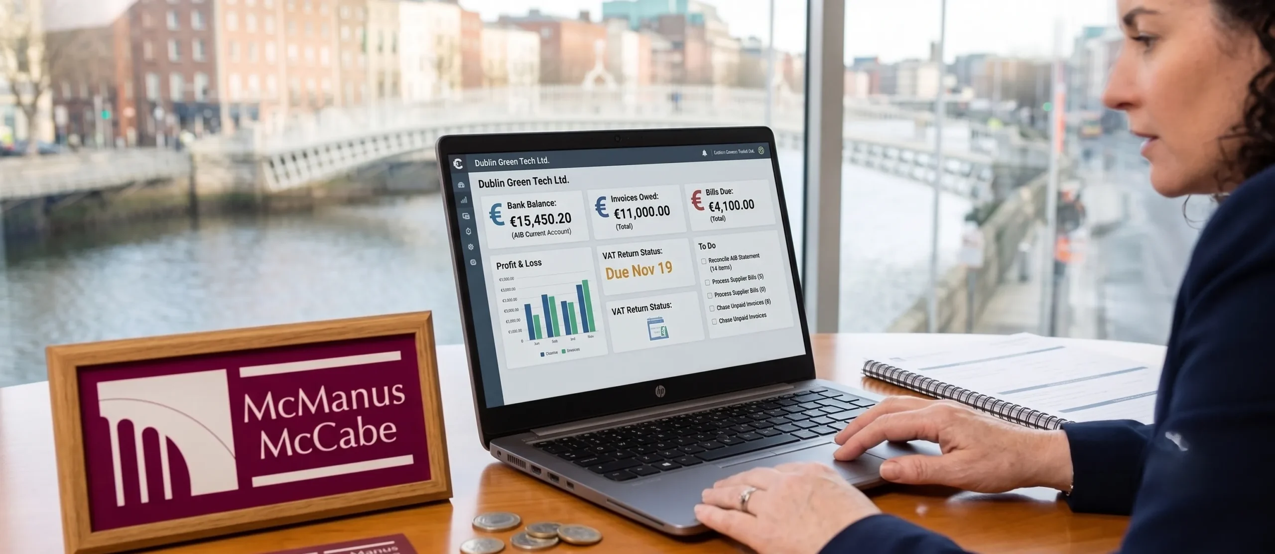 An open laptop displaying a cloud accounting software dashboard used for managing day-to-day bookkeeping for an Irish SME