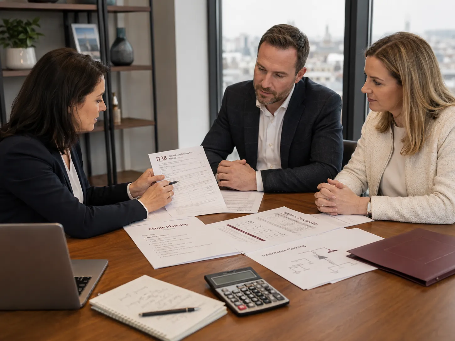 A family meeting with a Chartered Accountant in Dublin to structure estate planning, optimise lifetime thresholds, and prepare a Capital Acquisitions Tax Form IT38 return.