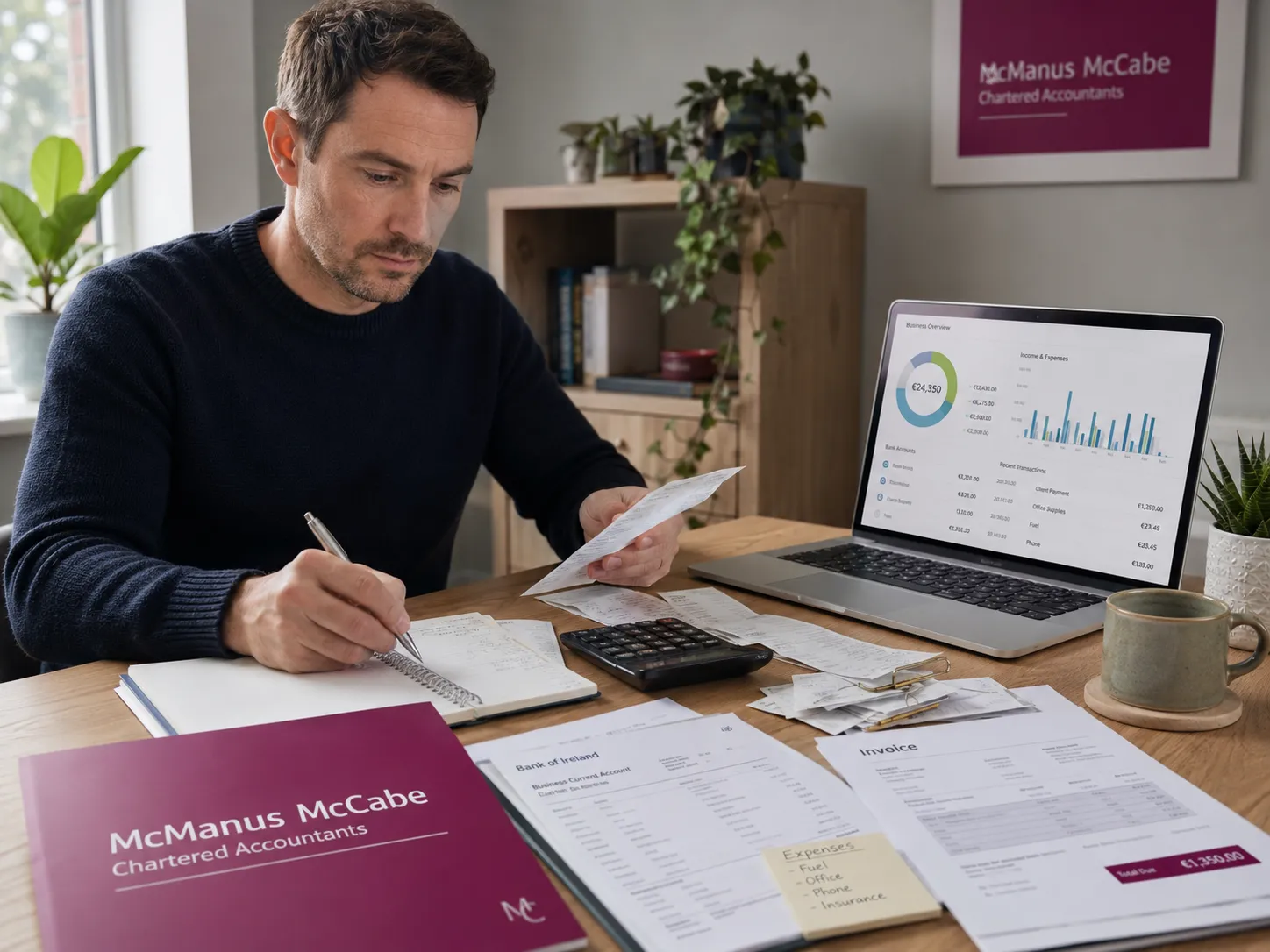 A self-employed sole trader organising their business expenses at a desk while evaluating if hiring an accountant is worth it for a small business in Ireland.