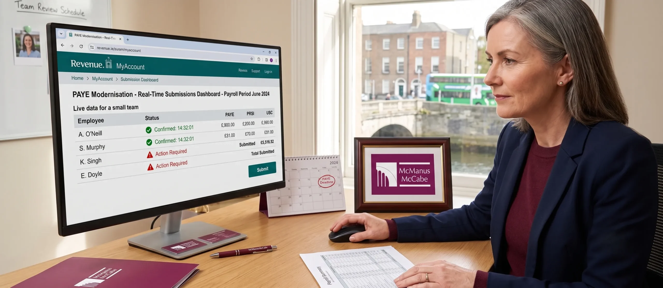 An employer checking real-time Revenue submissions under the PAYE Modernisation system for small business employees in Ireland.