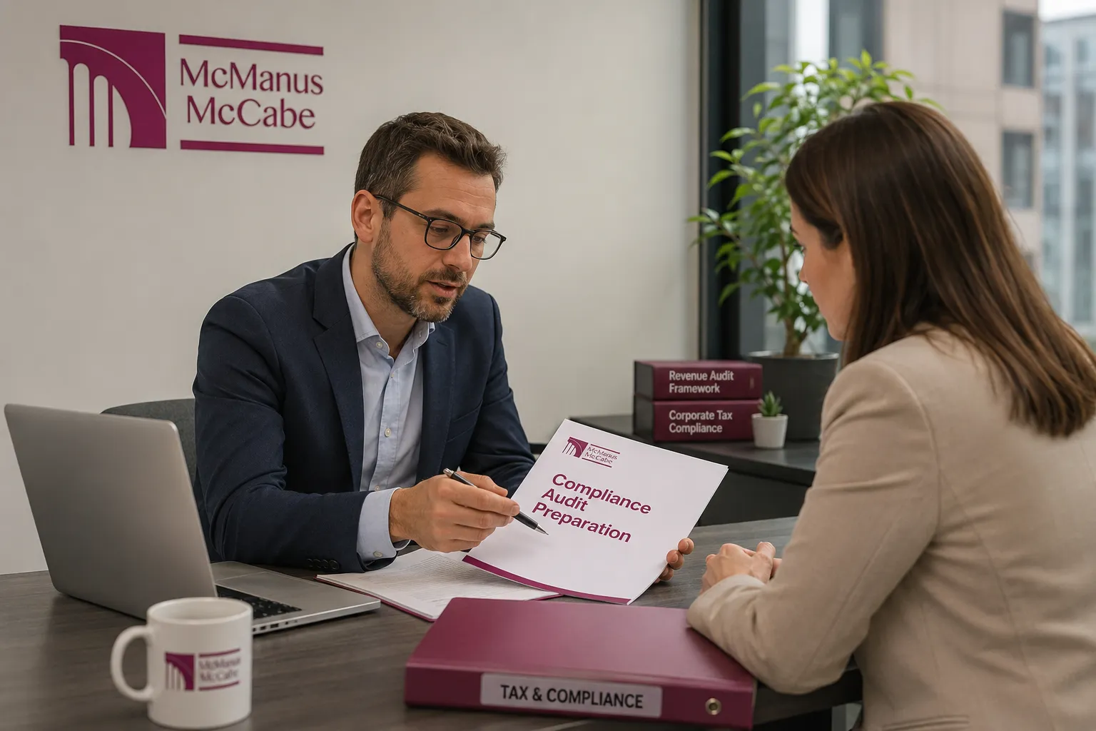 A business owner meeting with a tax consultant in Dublin to prepare for a Revenue compliance audit.