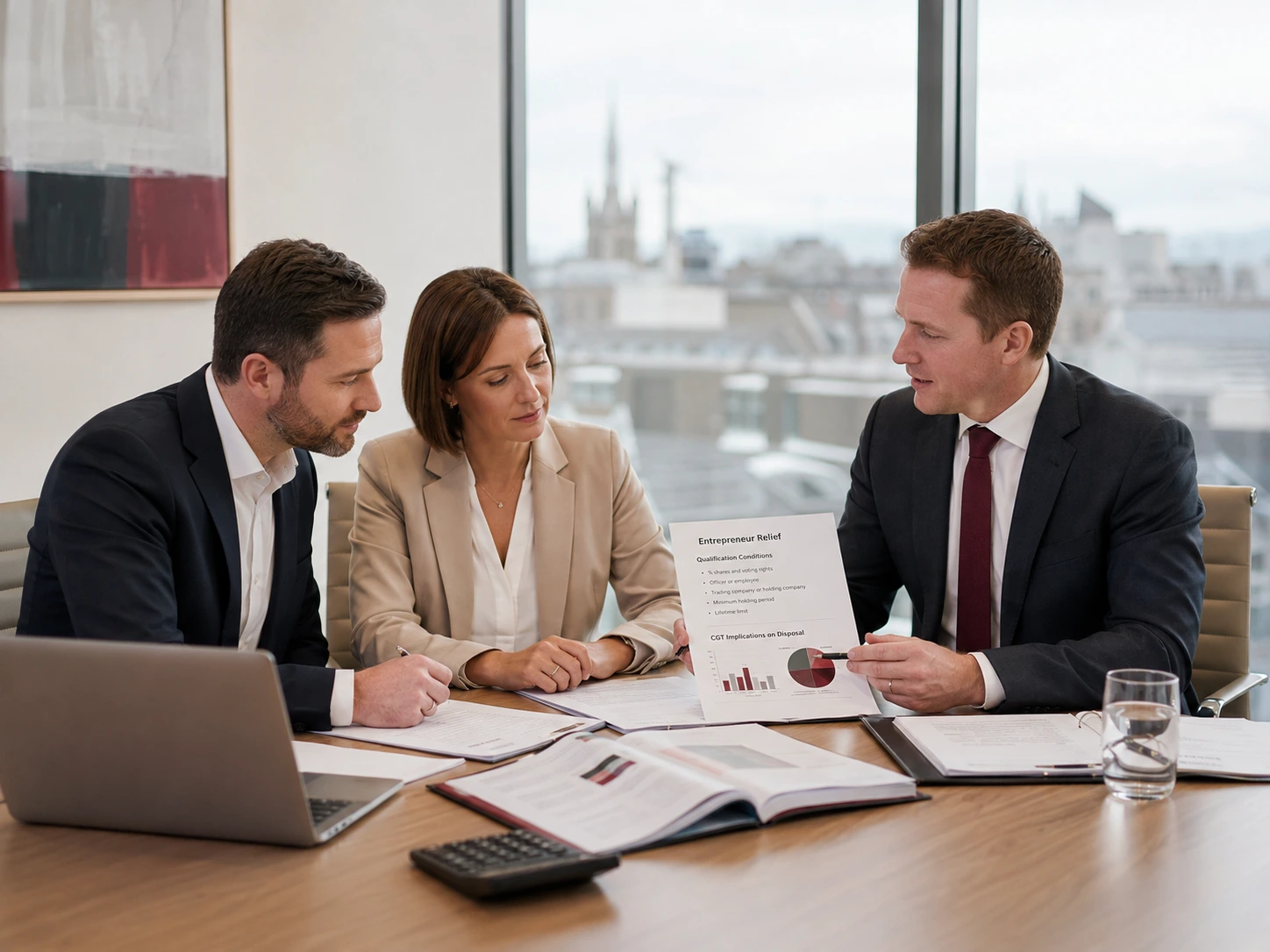 Corporate business owners in Ireland discussing Entrepreneur Relief qualifications and capital gains tax (CGT) implications prior to a company asset disposal.