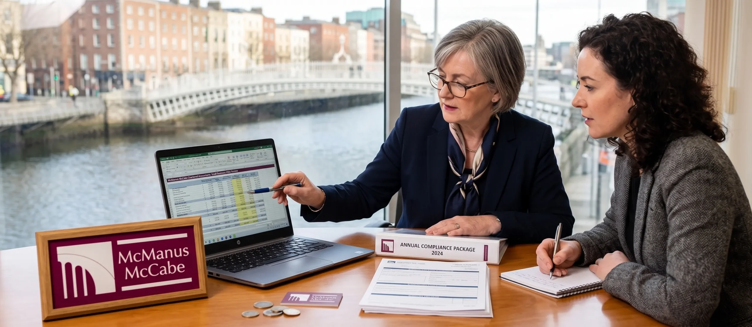 A Chartered Accountant reviewing a financial spreadsheet during an annual compliance package consultation with a small business owner in Dublin.