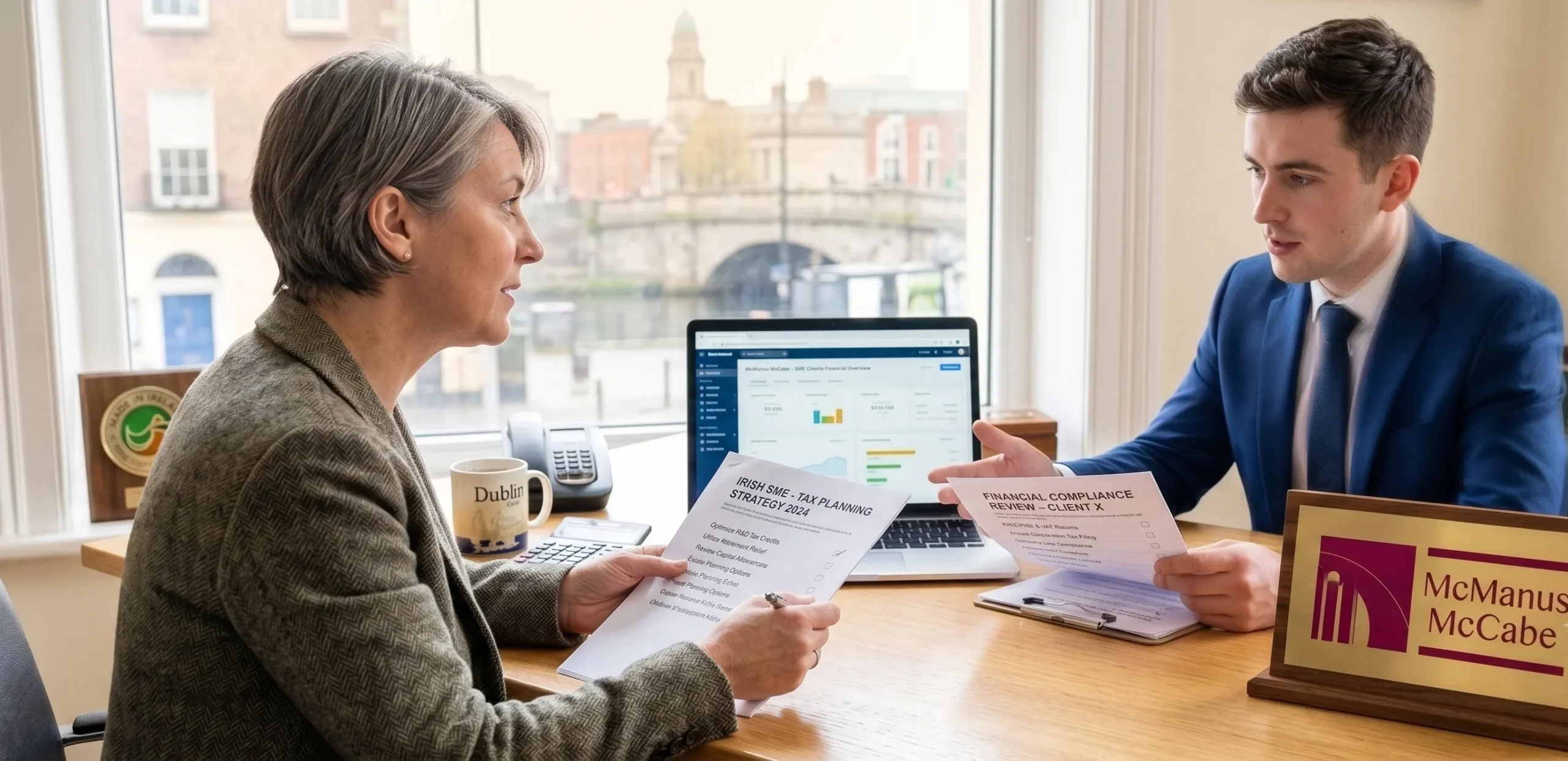 An Irish entrepreneur in Dublin managing financial data and checking Revenue deadlines using secure cloud accounting software