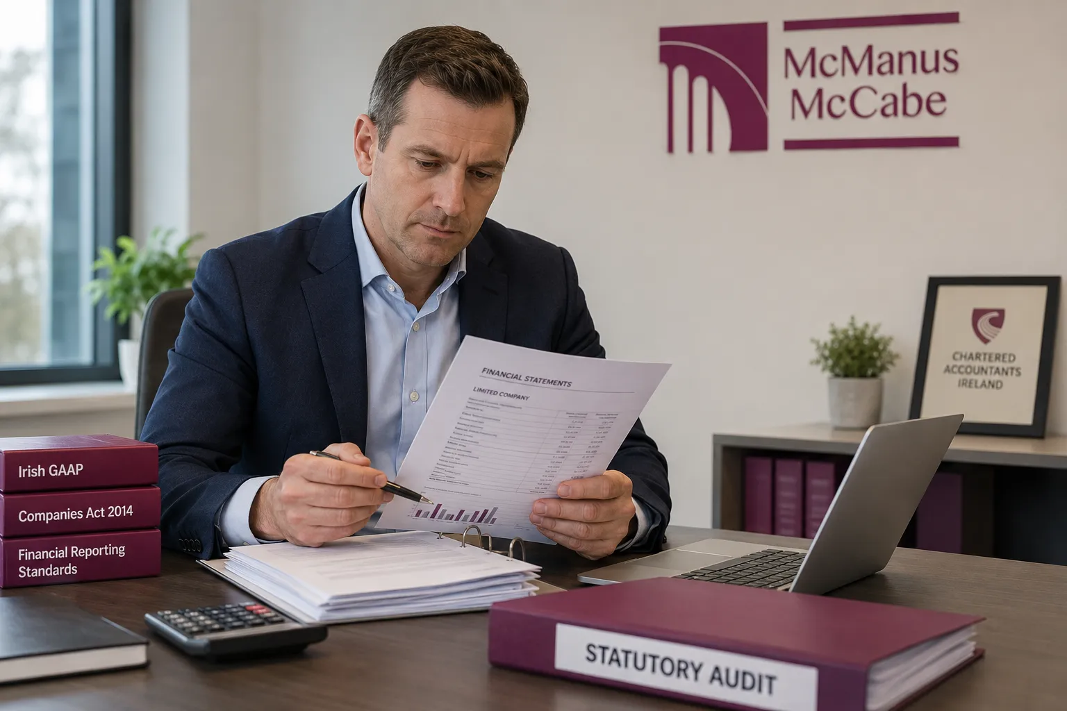 A registered auditor reviewing financial records for an Irish limited company statutory audit.